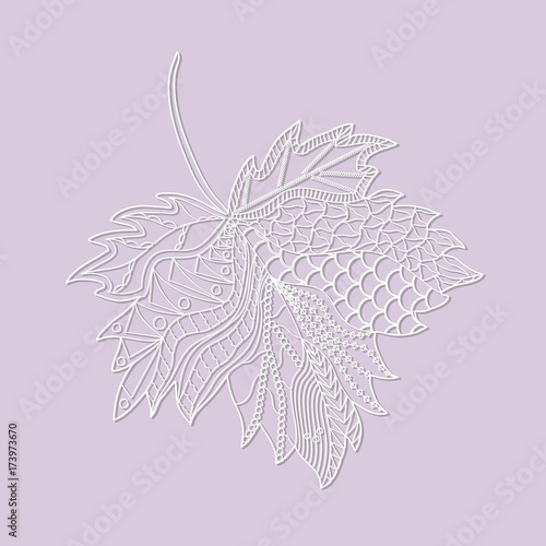 Openwork white paper Maple Leaf. Contour hand drawing with pattern. Stencil design. Laser decoration template. Vector illustration.
