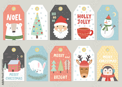 Christmas tags cute collection. Labels with Santa, bear, rabbit, deer, penguin and snowman. Vector illustration photo