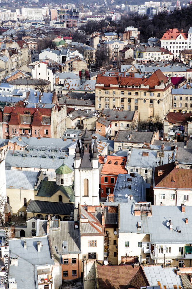 view from above on  roofs of  houses of  city of Lviv. 