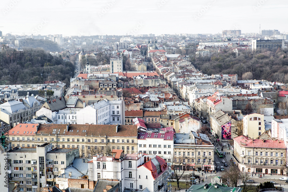 view from above on  roofs of  houses of  city of Lviv. 