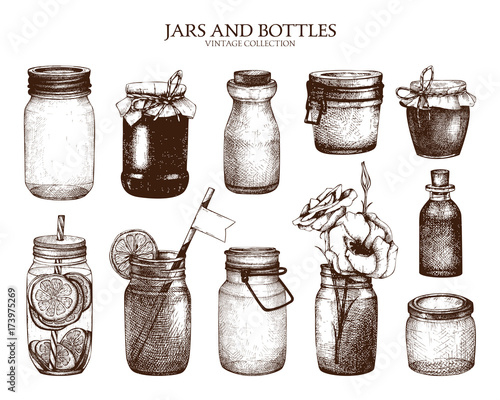 Vector collection of ink hand drawn mason jars and bottles. Vintage decorative glass canning jars isolated on white.