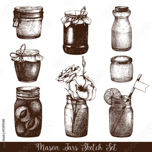 Vector collection of ink hand drawn mason jars and bottles. Vintage decorative glass canning jars isolated on white.