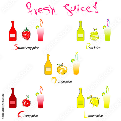 fresh juice vector illustration - hand drawn fruits with bottles and glasses