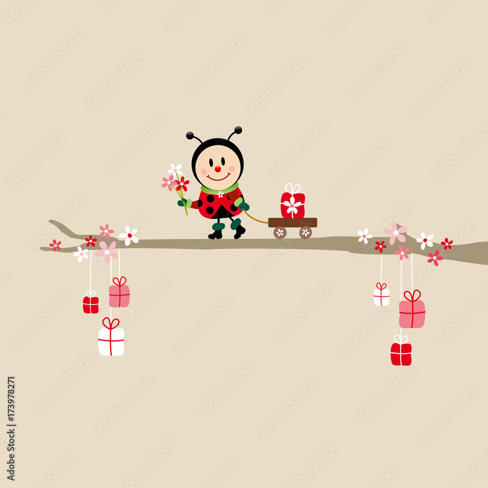 Ladybug Bouquet Pulling Handcart Tree Beige Ladybug Bouquet Pulling Handcart Tree Beige