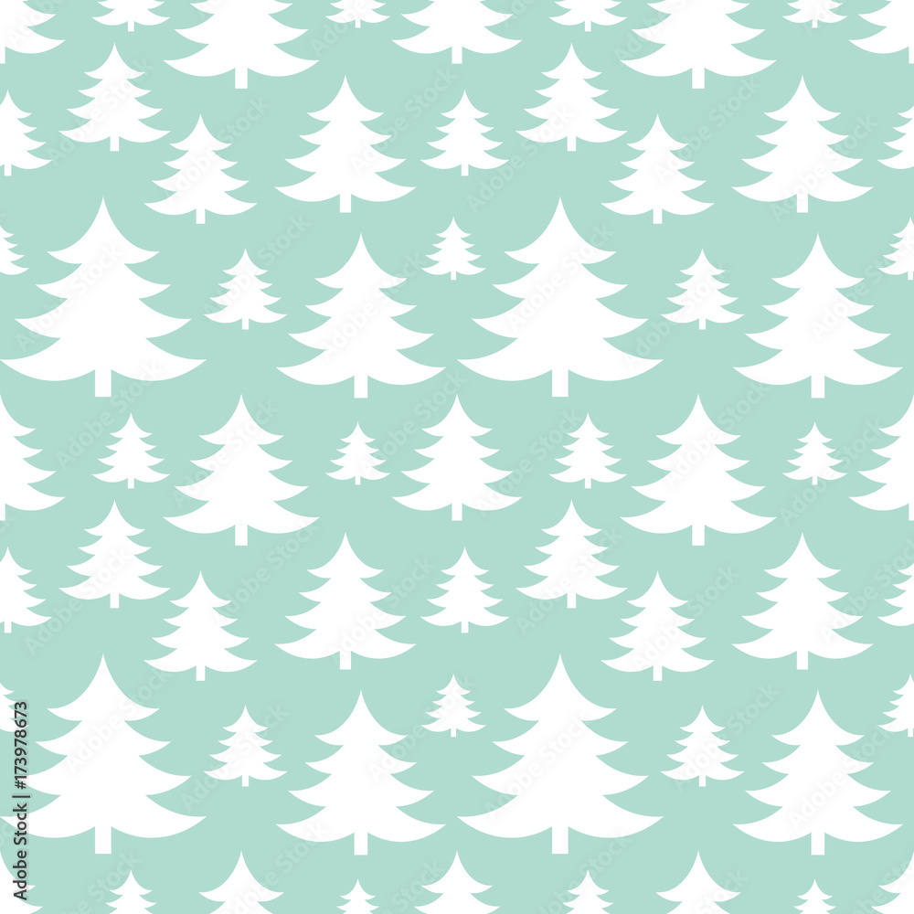 White Christmas trees on blue background pattern