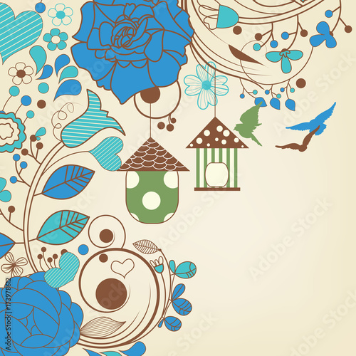Blue flowers background and bird cages
