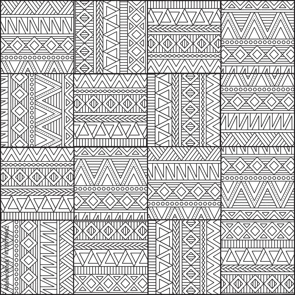 Black-and-white graphic decorative seamless pattern from squares. In the style of patchwork. Vector illustration.