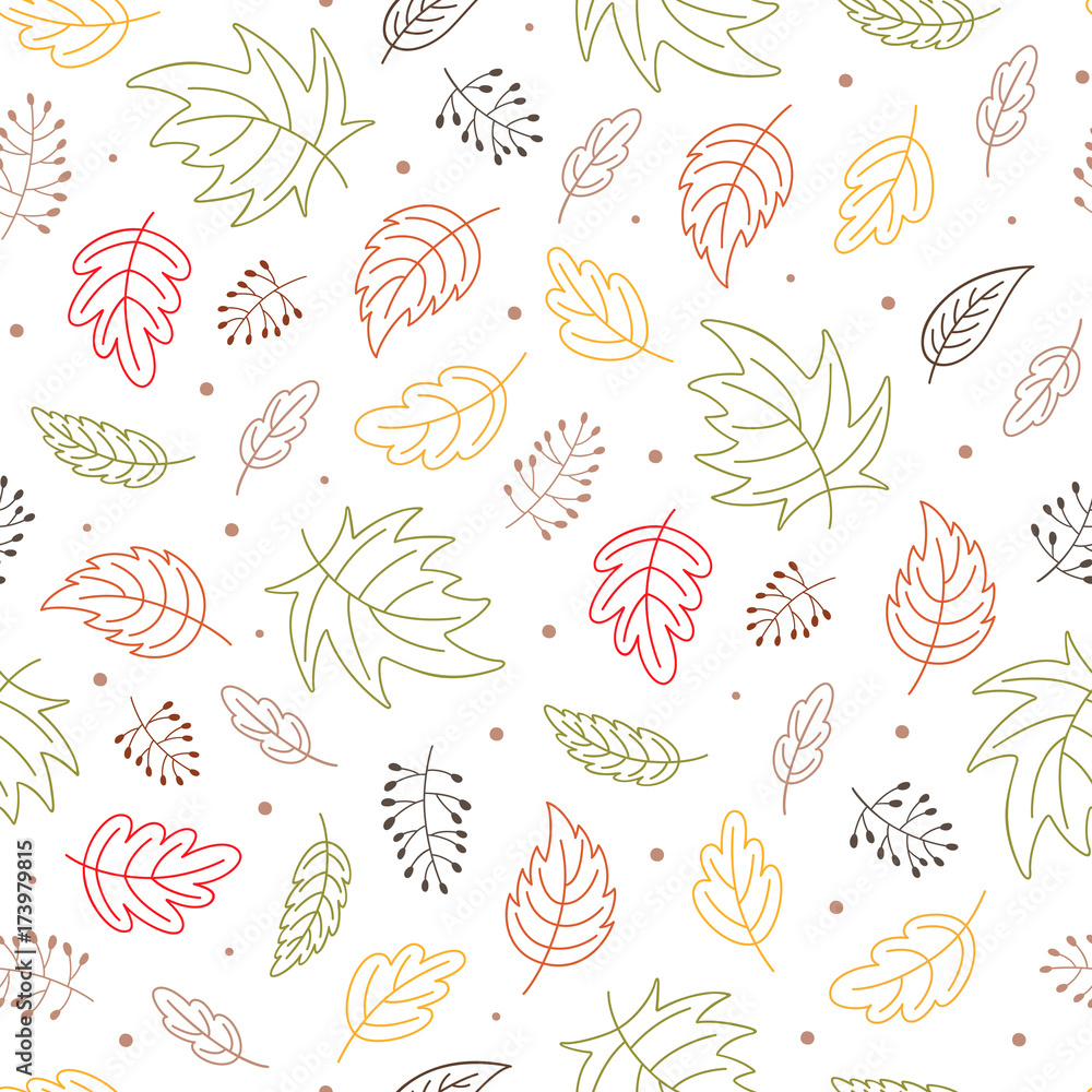 Seamless repeat pattern with autumn leaves illustration. Wallpaper design. Scrapbook page. Vector.