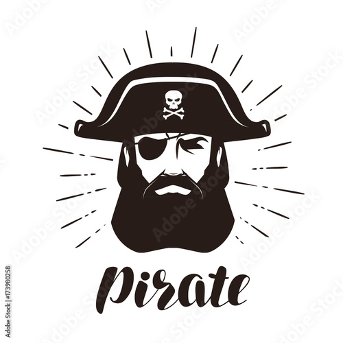 Pirate logo or label. Portrait of bearded one-eyed filibuster in hat. Vector illustration