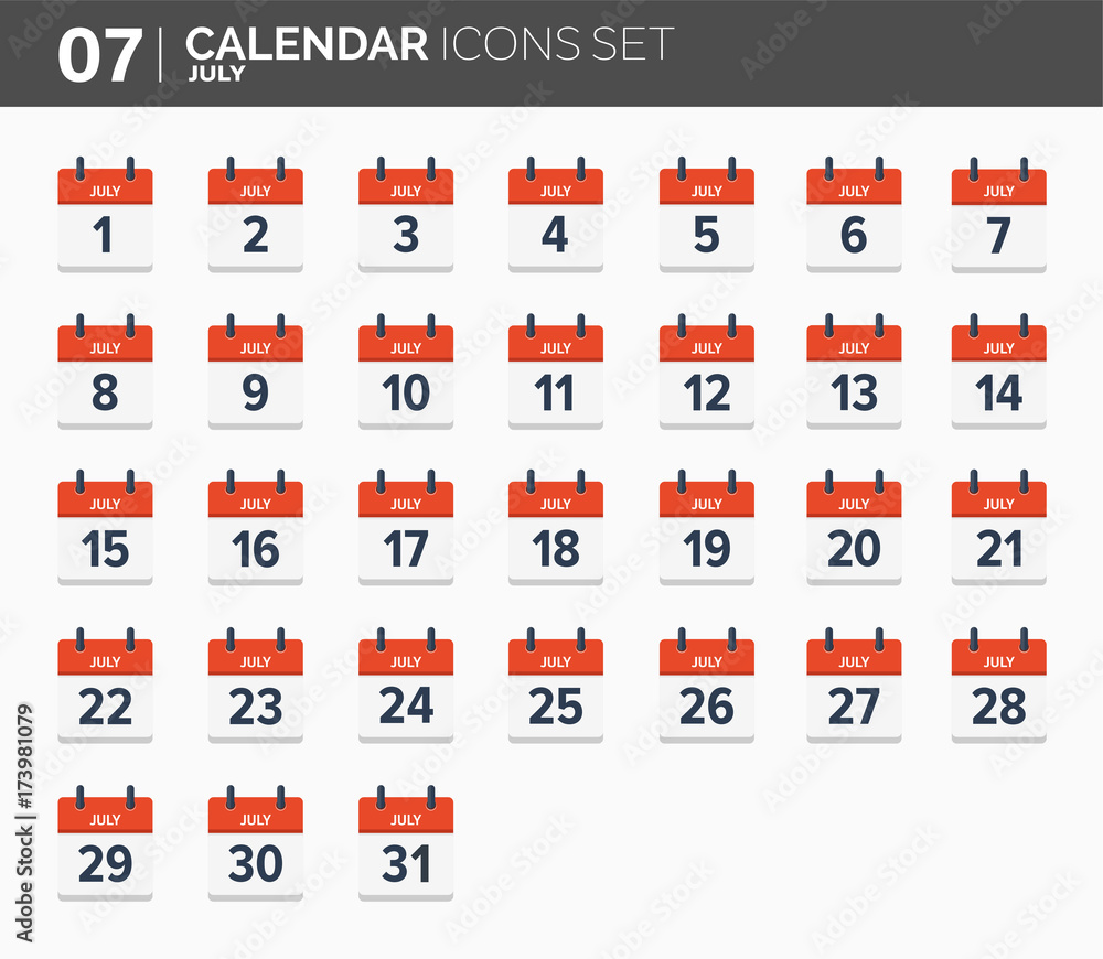 July. Calendar icons set. Date and time. 2018 year. July. Calendar icons set. Date and time. 2018 year.