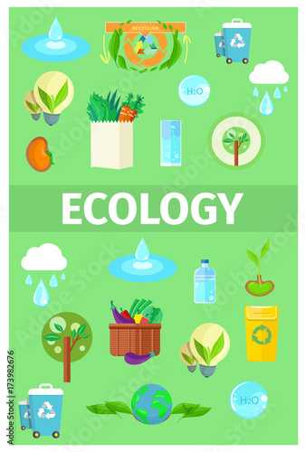 Ecology Poster with Cartoon Recycling Icons Set