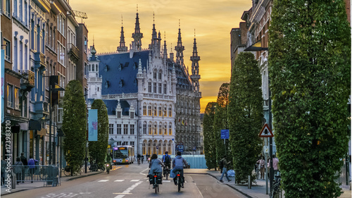 фотографія Leuven, Belgium view of the domes of Historisch Stadhuis van Leuven City Hall, by Bondgenotenlaan, golden sunset