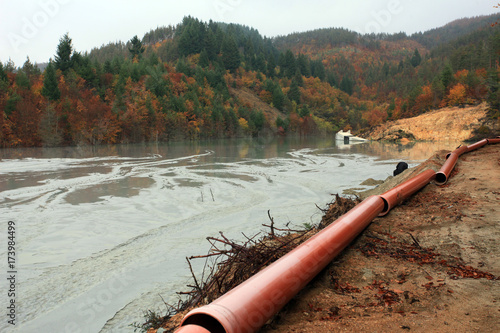 Rhodope Mountains, Bulgaria, tailing pond.