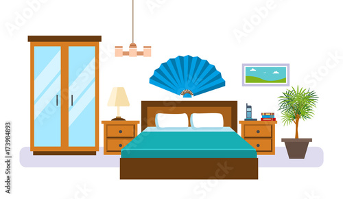 Interior of bedroom with furniture, accessories and everyday objects.