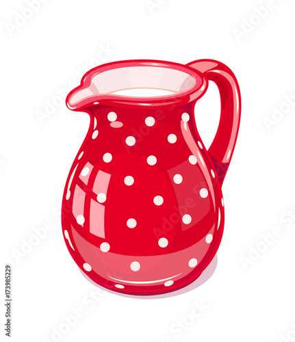 Red Ceramic jug with milk. Fictile tableware. Capacity