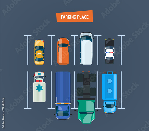 Parking place. Top view of parking lot. Different types cars.