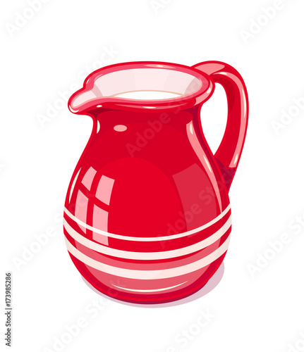 Red Ceramic jug with milk. Fictile tableware. Capacity