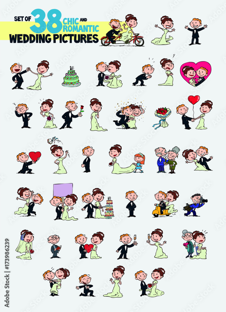 Set of thirty-eight chic and romantic characters bride and groom. Newlyweds dancing, in romantic attitude, hugging... Elements for wedding invitations. Vector illustration in cartoon style. Set of thirty-eight chic and romantic characters bride and groom. Newlyweds dancing, in romantic attitude, hugging... Elements for wedding invitations. Vector illustration in cartoon style.