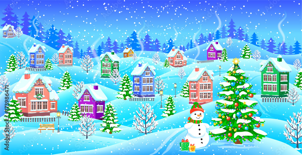 Winter landscape with snowcovered houses snowman Christmas tree gifts