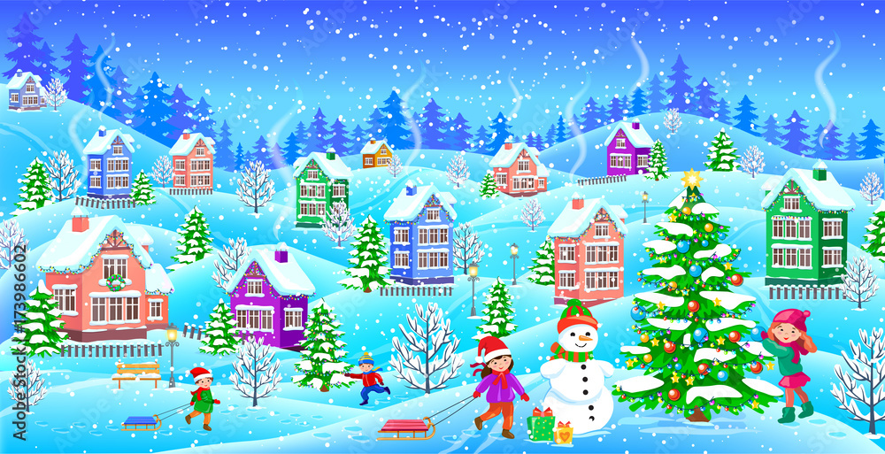 Winter landscape with snowcovered houses snowman Christmas tree gifts joyful children