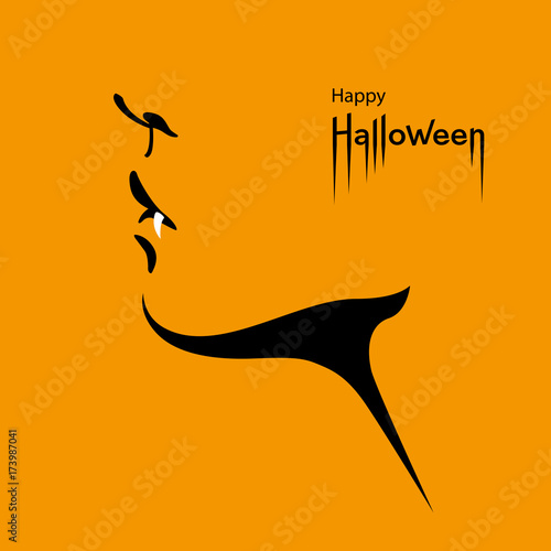 Happy Halloween card. Face profile with scary vampire fangs and Happy Halloween text. Vector Illustration