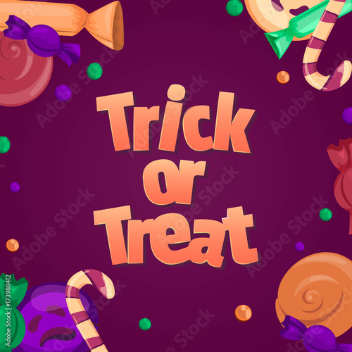 Trick or treat. Halloween banner. Colorful sweets and candies icons