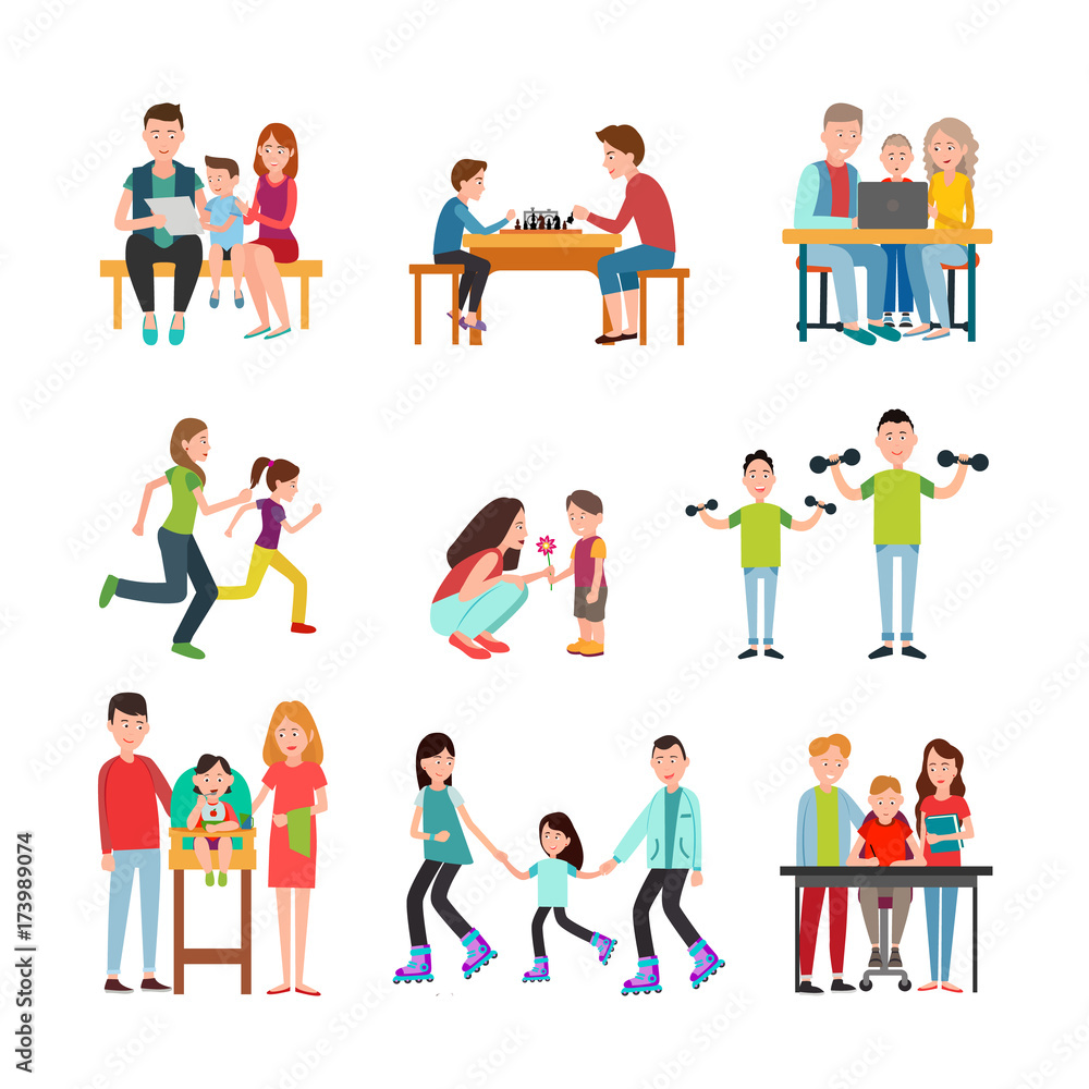 Parents Spend Time with Children Illustrations Set Parents Spend Time with Children Illustrations Set