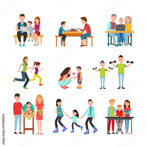 Parents Spend Time with Children Illustrations Set