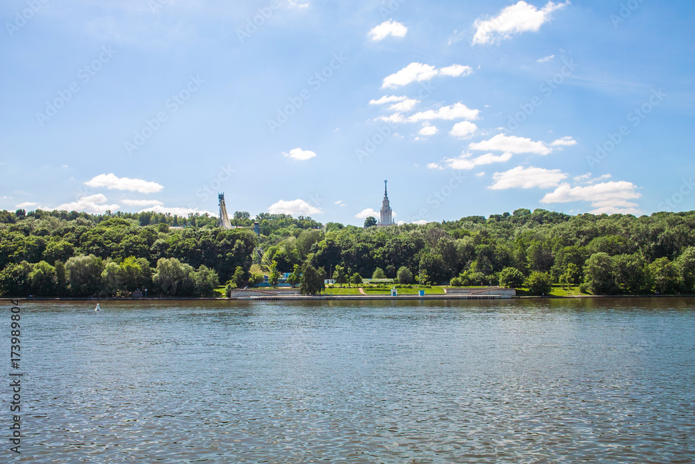 Moscow river with Moscow State University view, Russia