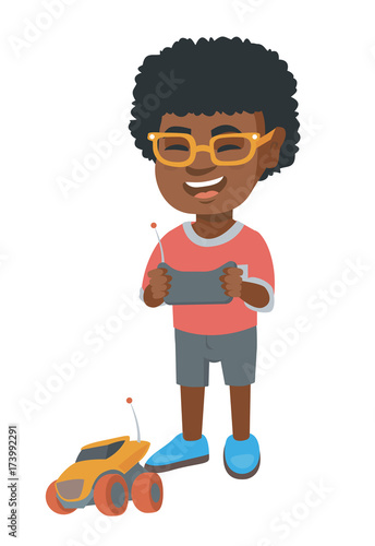 African-american cheerful boy playing with a radio-controlled car. Boy holding remote control and playing with the electric car. Vector sketch cartoon illustration isolated on white background.