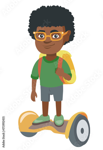 Joyful african schoolboy riding on self-balancing electric scooter. Happy schoolboy with backpack riding on gyroscooter to school. Vector sketch cartoon illustration isolated on white background.