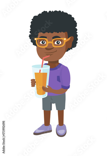 African boy drinking orange juice through a drinking straw. Little boy holding a glass of fresh orange juice with a drinking straw. Vector sketch cartoon illustration isolated on white background.