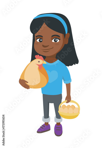 African-american farmer girl holding a chicken and hen eggs in her hands. Little girl with chicken and basket of hen eggs. Vector sketch cartoon illustration isolated on white background.
