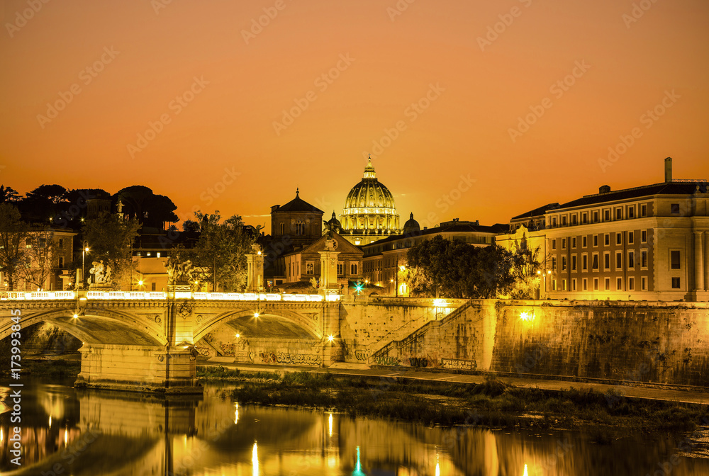 The night view of Rome from the Ponte Sant'angelo at sunset, Italy