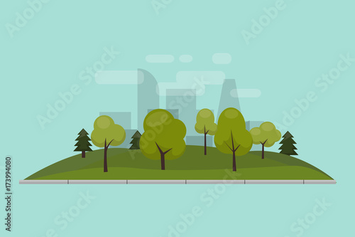 City park, lawn and trees. Vector illustration of an isolated flat style. Green park area in the city center. Against the background of the city with skyscrapers and large buildings