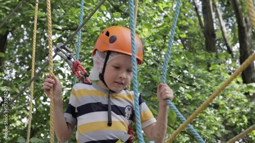 Wallpaper Mural Little cute boy enjoying activity in a climbing adventure park on a summer sunny day. toddler climbing in a rope playground structure. Safe Climbing extreme sport with helmet and Carabiner. insurance Torontodigital.ca
