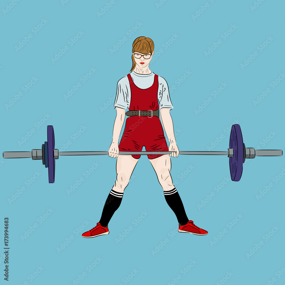 Powerlifting. Deadlift. Girl athlete lifting barbell at competition. Vector illustration