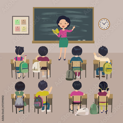 Teachers day background. School lesson. Little students and asian teacher in a classroom. Isolated vector illustration.