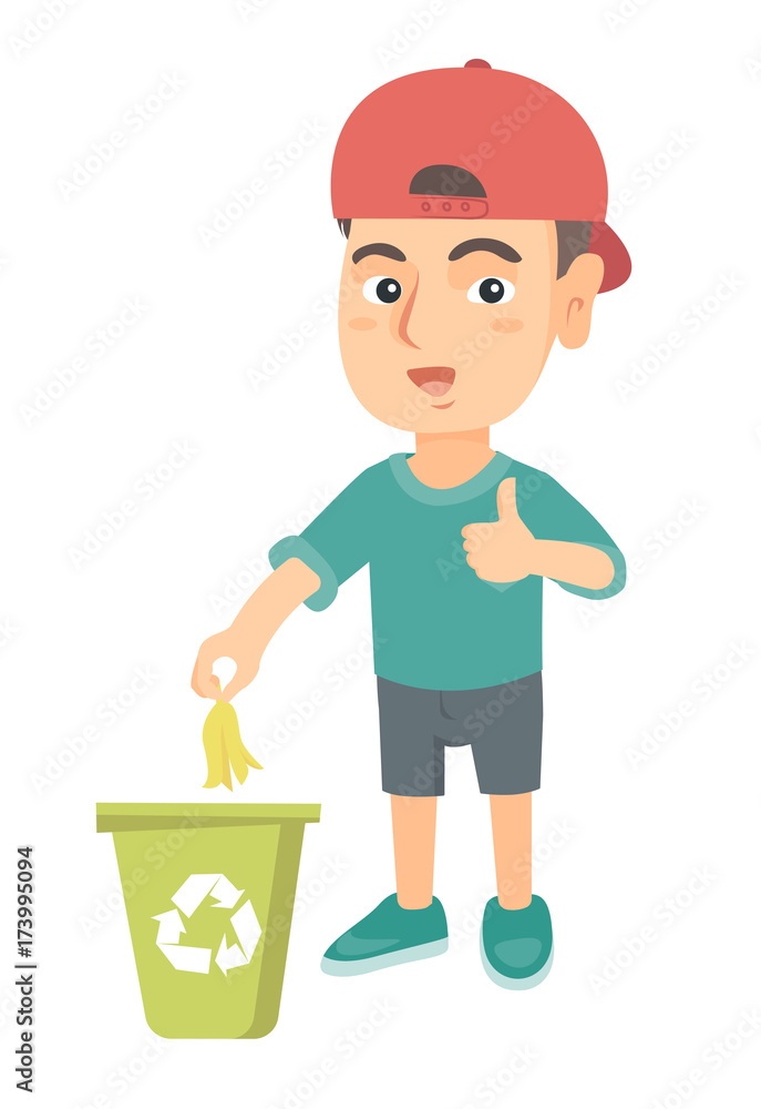 Caucasian boy throwing banana peel in recycling bin. Boy putting banana peel in trash bin with recycling sign and giving thumb up. Vector sketch cartoon illustration isolated on white background. Caucasian boy throwing banana peel in recycling bin. Boy putting banana peel in trash bin with recycling sign and giving thumb up. Vector sketch cartoon illustration isolated on white background.