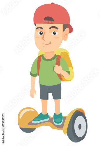 Joyful caucasian schoolboy riding on self-balancing electric scooter. Happy schoolboy with backpack riding on gyroscooter to school. Vector sketch cartoon illustration isolated on white background.
