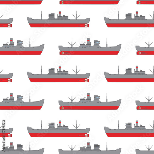 Seamless sea pattern with the cargo steamships shipping delivering goods.Freight boat.Nautical pattern.Concept packing paper a background of the website or a banner.illustration in flat style a vector