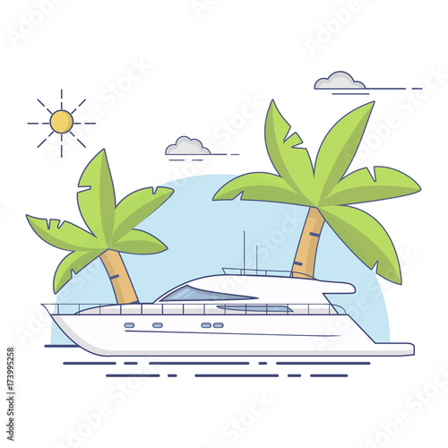 Luxury travel seaway ocean transport yacht against the background of the tropical island with palm trees in flat style a vector.Voyage and elements of design for the tourist websites and firms.