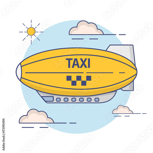 The air taxi on delivery and transportation of goods and passengers. Airship modern vector in flat style. A concept of design of an icon for the application.
The yellow dirigible flying among clouds.