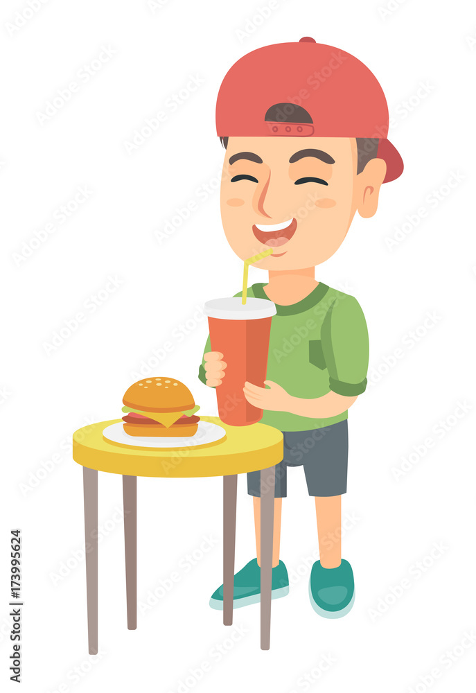 Little caucasian laughing boy drinking soda and eating cheeseburger. Smiling boy standing near the table with fast food. Vector sketch cartoon illustration isolated on white background. Little caucasian laughing boy drinking soda and eating cheeseburger. Smiling boy standing near the table with fast food. Vector sketch cartoon illustration isolated on white background.