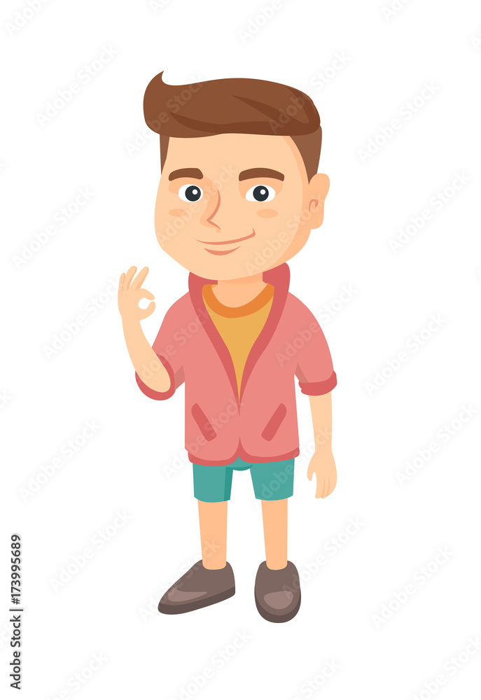 Caucasian little smiling boy showing an ok sign. Happy boy making an ok sign. Cheerful boy gesturing an ok sign. Vector sketch cartoon illustration isolated on white background.