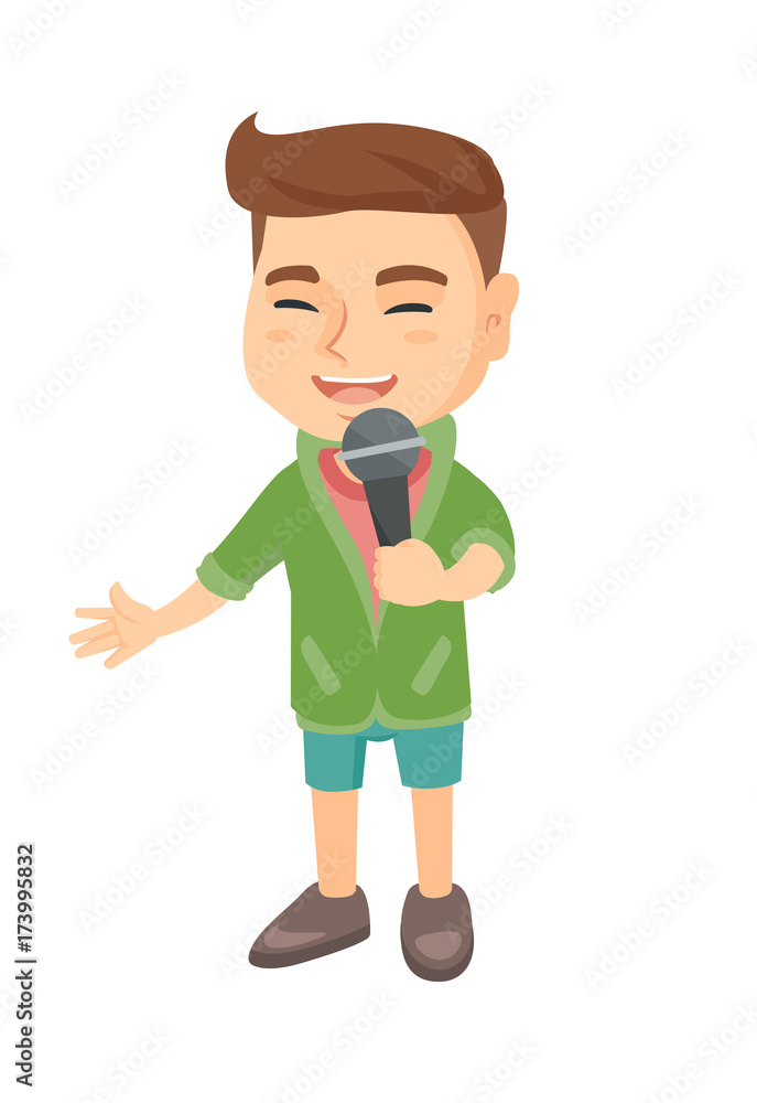 Caucasian little boy singing into a microphone. Smiling happy boy singing with a microphone. Boy holding a microphone. Vector sketch cartoon illustration isolated on white background.