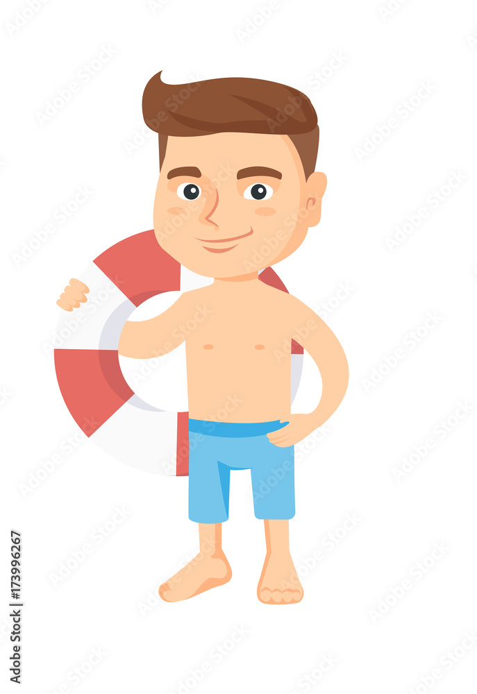 Little caucasian boy in shorts holding a red-white lifebuoy. Smiling boy standing with lifebuoy. Boy is going to swim with lifebuoy. Vector sketch cartoon illustration isolated on white background. Little caucasian boy in shorts holding a red-white lifebuoy. Smiling boy standing with lifebuoy. Boy is going to swim with lifebuoy. Vector sketch cartoon illustration isolated on white background.