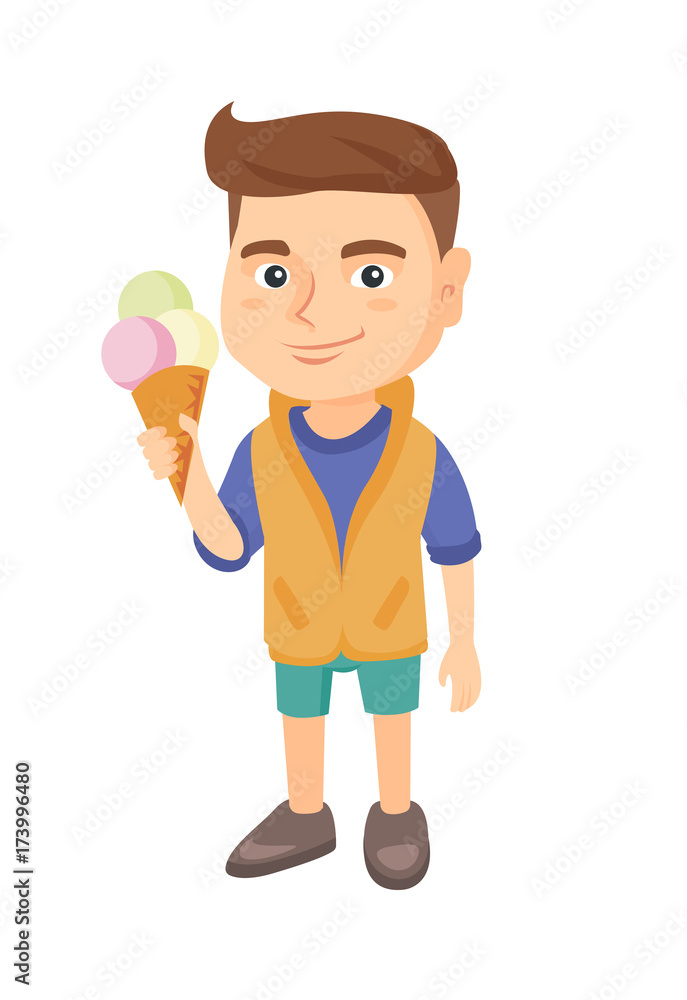 Little caucasian boy holding an ice cream cone. Cheerful boy eating a delicious ice cream cone. Vector sketch cartoon illustration isolated on white background.