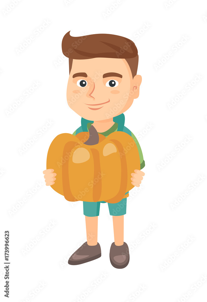 Cheerful caucasian boy standing with a big orange pumpkin in hands. Happy smiling boy picking a pumpkin for Halloween. Vector sketch cartoon illustration isolated on white background. Cheerful caucasian boy standing with a big orange pumpkin in hands. Happy smiling boy picking a pumpkin for Halloween. Vector sketch cartoon illustration isolated on white background.