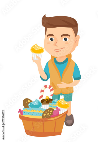 Little caucasian boy holding a yummy cupcake and stroking his belly. Happy boy standing near the bowl full of sweets. Vector sketch cartoon illustration isolated on white background.